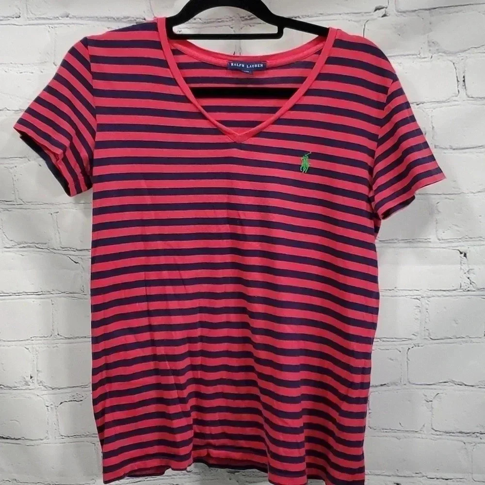 RALPH LAUREN T Shirt V Neck Horizontal Striped Size Medium